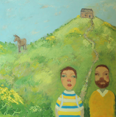 Two people in stripy & yellow tops walking into view with path and green hill and horse in background by Cornish artists Siobhan Purdy