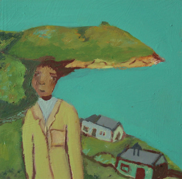 A person in a yellow jacket in view with white houses, green coastline and blue see in the background by Cornish artists Siobhan Purdy