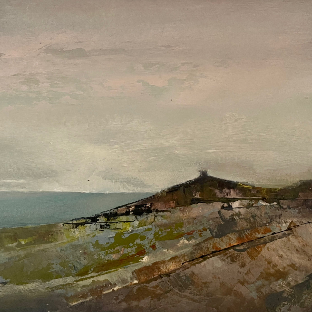 Rame Head in background and meadow in earthy tones in foreground by artist Julie Ellis