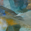 Square abstract mixed media painting of blue, orange and grey tones by Alice Robinson-Carter.