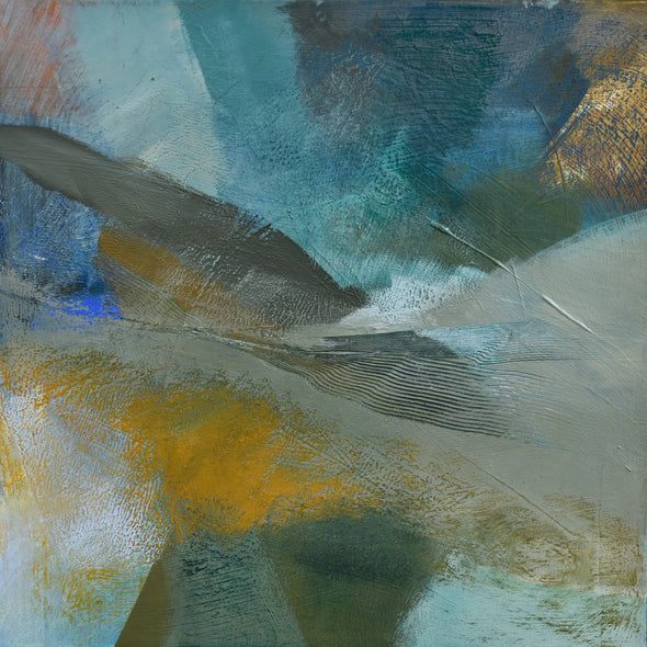Square abstract mixed media painting of blue, orange and grey tones by Alice Robinson-Carter.