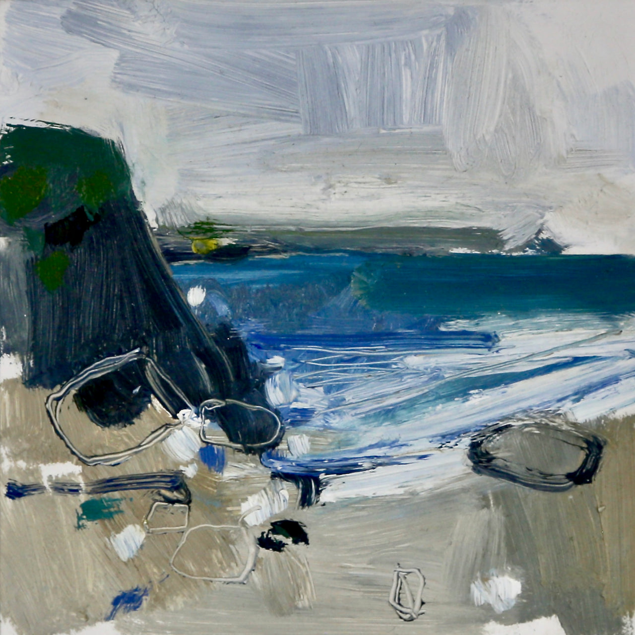 Coastline painting in blues, white and greys by Aimee Willcock.