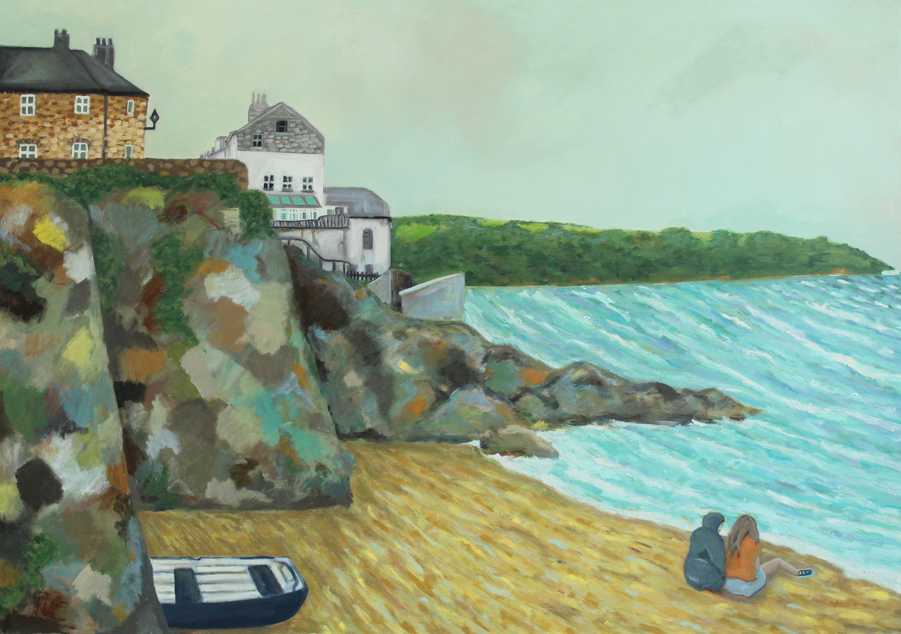 painting by Siobhan Purdy of Cawsand beach in Cornwall with two figures sitting by the shore and a small boat behind them
