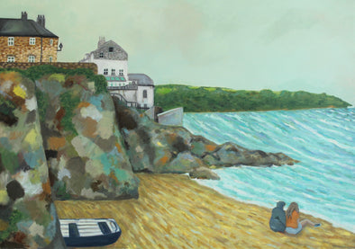 painting by Siobhan Purdy of Cawsand beach in Cornwall with two figures sitting by the shore and a small boat behind them 
