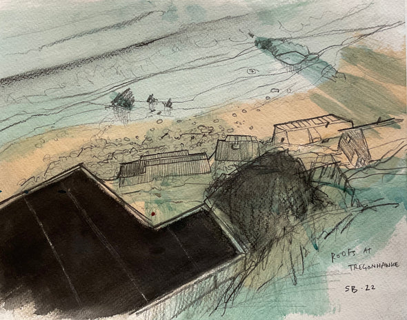 Birds eye view of roofs over Tregonhawke in pen and ink by artist Steven Buckler
