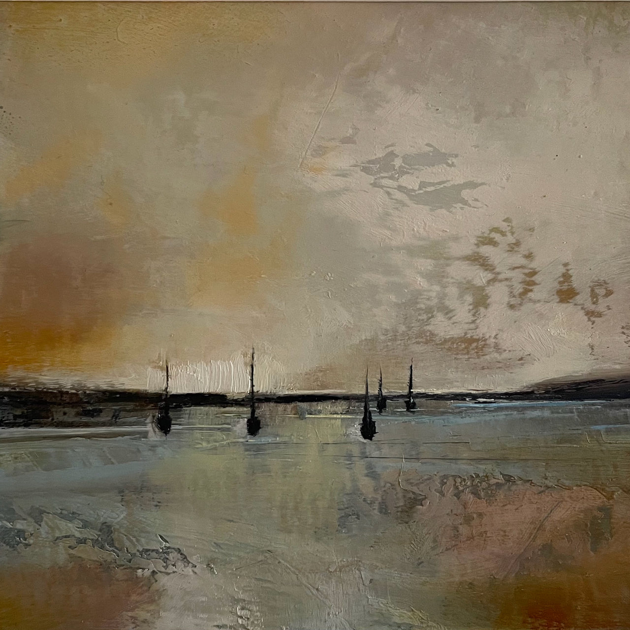 Seascape with boats on the water and headland in background  by artist Julie Ellis