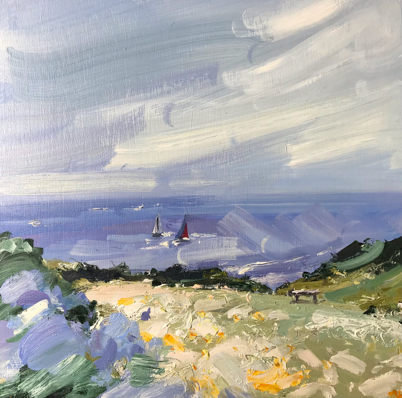 Seascape by artist Jill Hudson of boats sailing in the background and coastal landscape in foreground