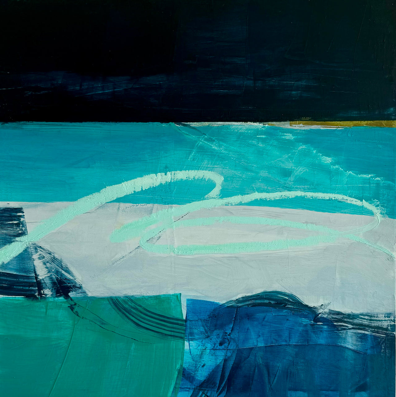 Abstract painting in tones of dark and light blues, white by artist Katherine Palmers-Needham