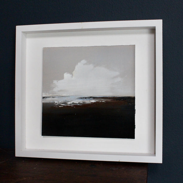 Artist Nicola Mosley seascape of brown and black tones with turquoise ocean and white clouds