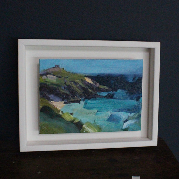 Rame Head painting by Jill Hudson with a green headland, dark blue sea and turquoise sky
