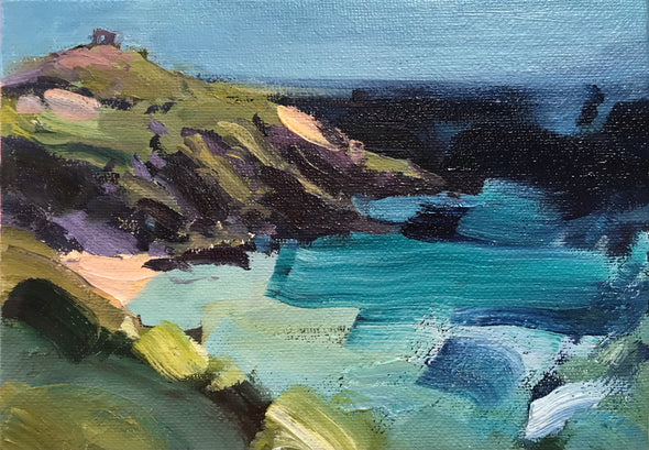 Artist Jill Hudson painting of Rame Head with green, pink and cream headland with turquoise, blue and black ocean