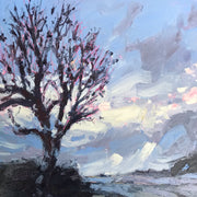 Painting of a bare tree against a blue wintery sky by Cornwall artist Jill Hudson