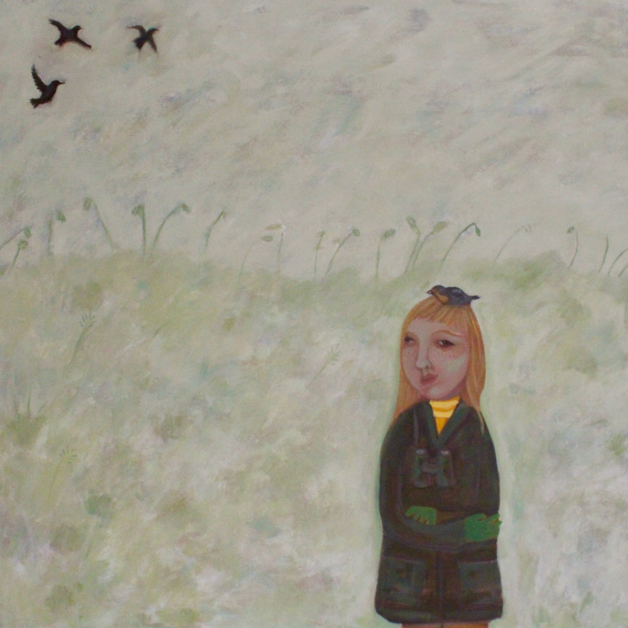 Siobhan Purdy painting of a girl with long blonde hair wearing a dark green coast with binoculars round her neck and a bird on top of her head