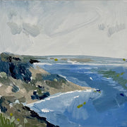 Seascape painting in tones of blue, grey, white and green of Polhawn by Aimee Willcock