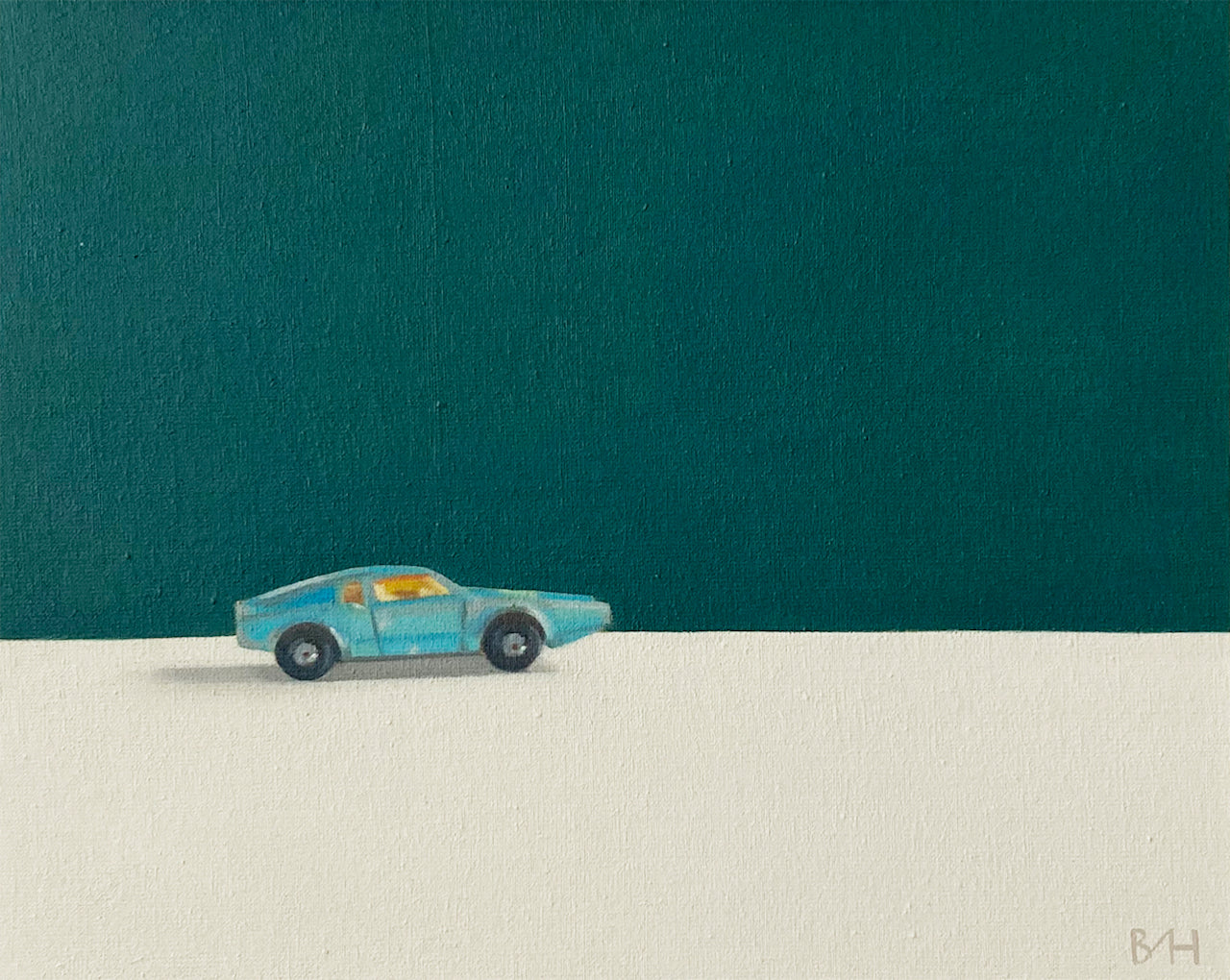 Blue and neutral background painting with single blue car driving from left to right by artist Bess Harding.