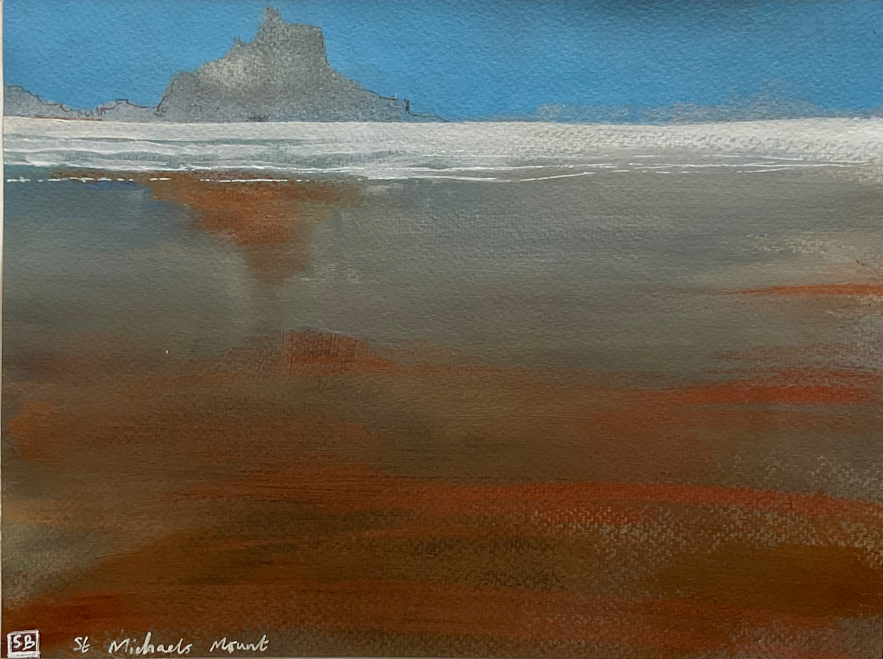 ink image of retreating sea over the sand with St Michael's mount in the background in grey by artist Steven Buckler