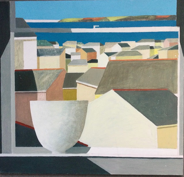 Philip Lyons painting of a white bowl on a windowsill over looking rooftops, the sea and a headland beyond