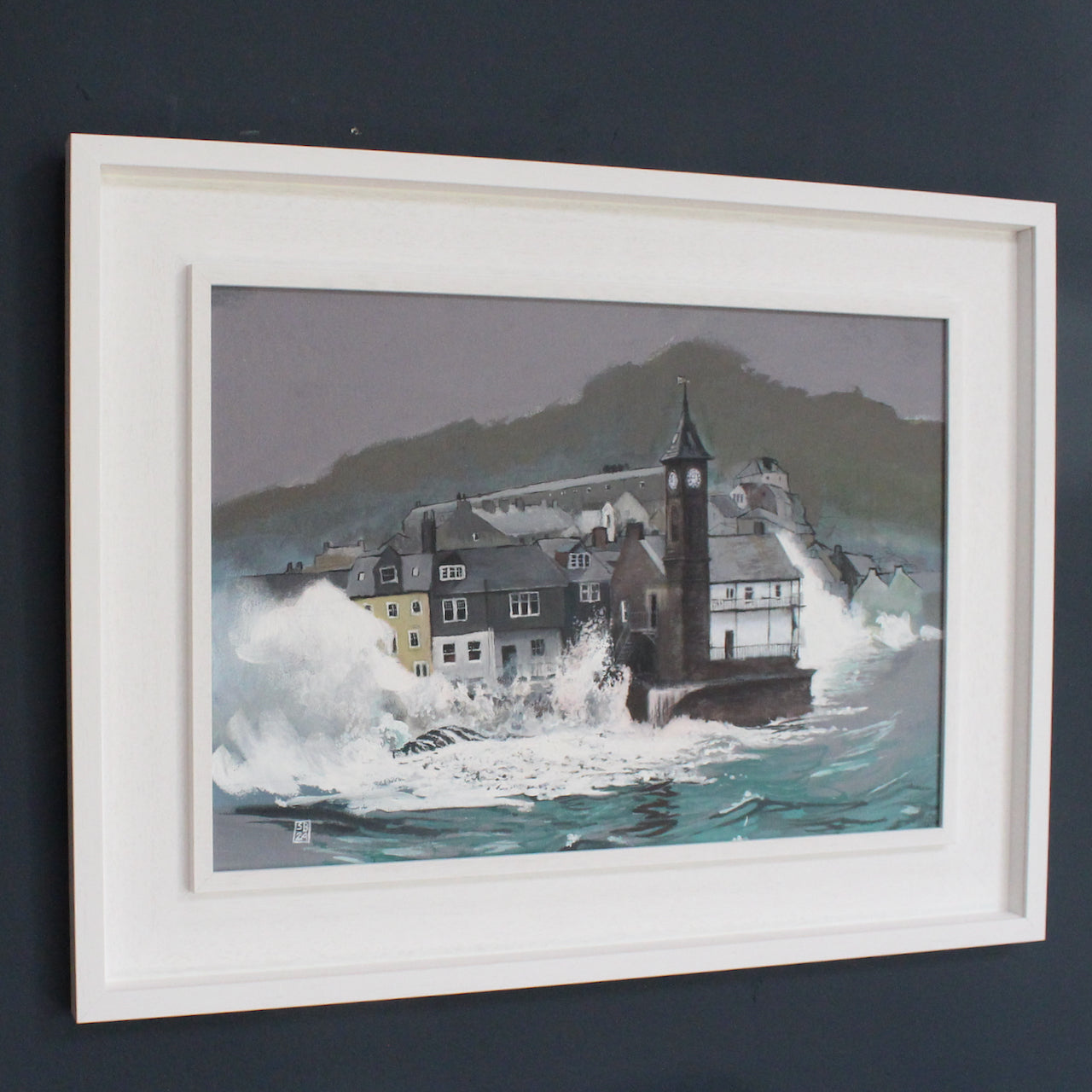 Clocktower in Kingsand in a storm, painting by Steven Buckler 