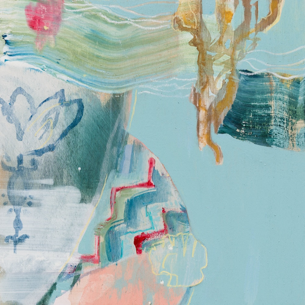 A Tara Leaver painting in pale blue, pale pink and gold of an underwater scene