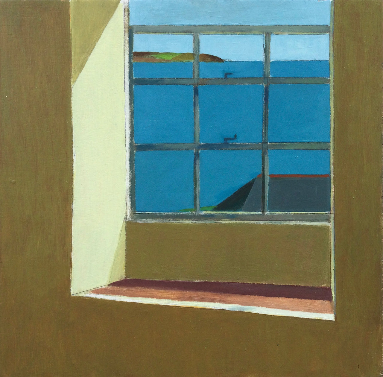 Painting by Cornwall artist Philp Lyon of a ochre coloured window sill and surround looking out to blue sea and headland 
