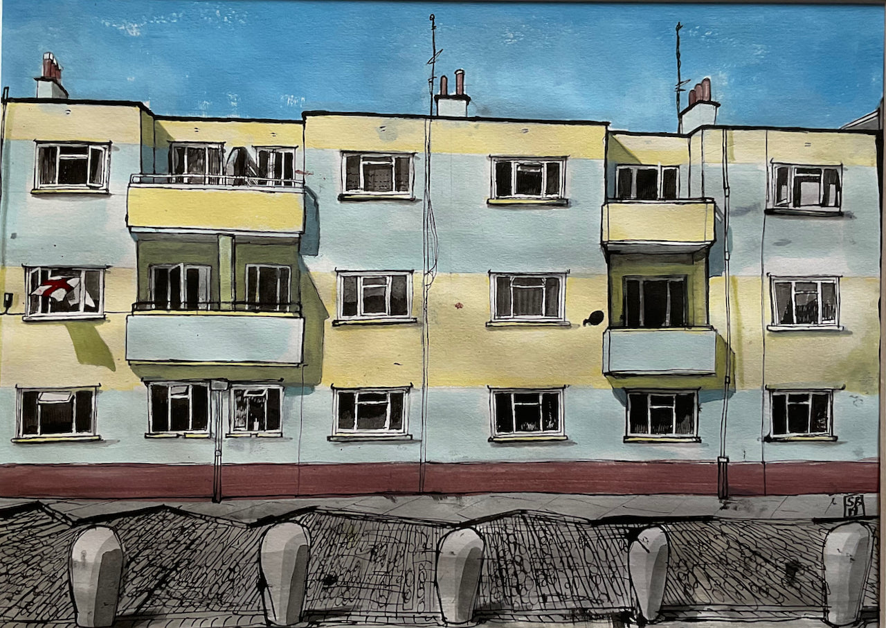 Blue and yellow set of beach apartments in pen and ink by artist Steven Buckler