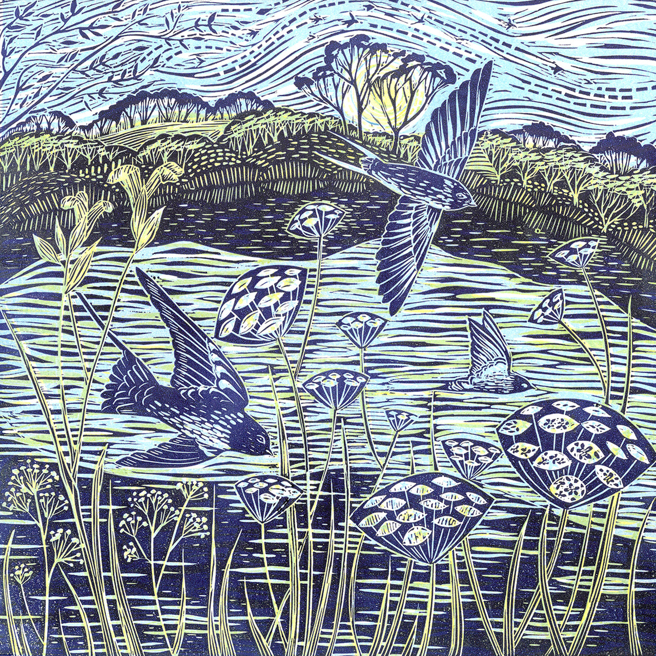 Lino print by Cornish artist Claire Armitage of swallows over lake in blue and yellow tones.