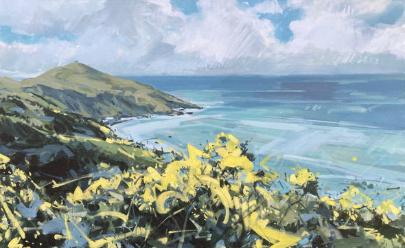 painting of Rame Head in Cornwall with yellow & green foliage with green coastline and blue sea to the left, blue sky with white clouds by Cornish artist Imogen Bone