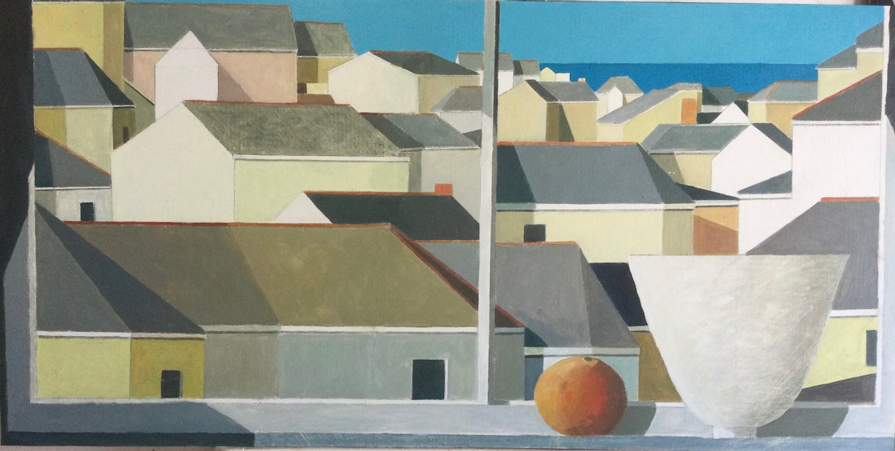 Double fronted window with vessel and fruit looking out to roof tops and blue sea & sky in background by artist Philip Lyons