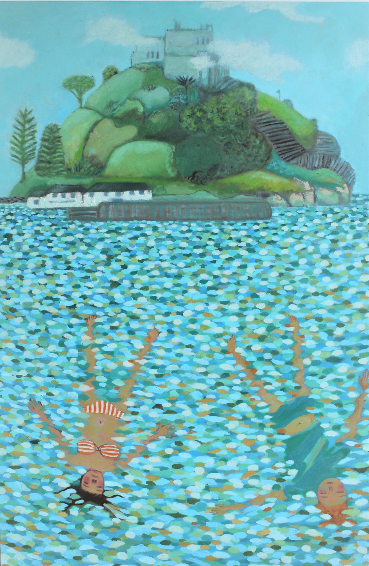 Siobhan Purdy painting of two swimmers in the sea in front of St Michael's mount in Cornwall