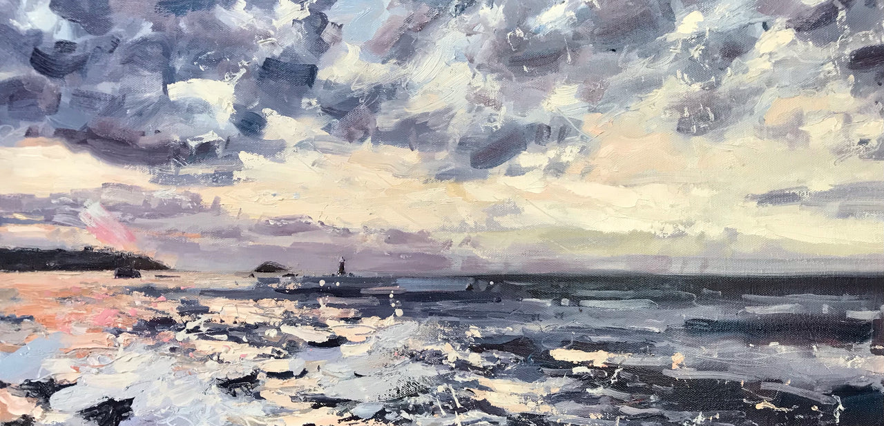 Dramatic seascape view full of textural strokes, inspired by Rame Peninsula by artist Jill Hudson