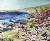 White and purple flowers in the foreground on headland with blue sea and grey rock formations by artist Jill Hudson