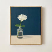 Blue & neutral background painting with single stem white rose in a vase by artist Bess Harding