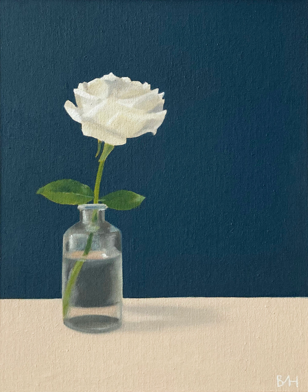 Blue & neutral background painting with single stem white rose in a vase by artist Bess Harding.