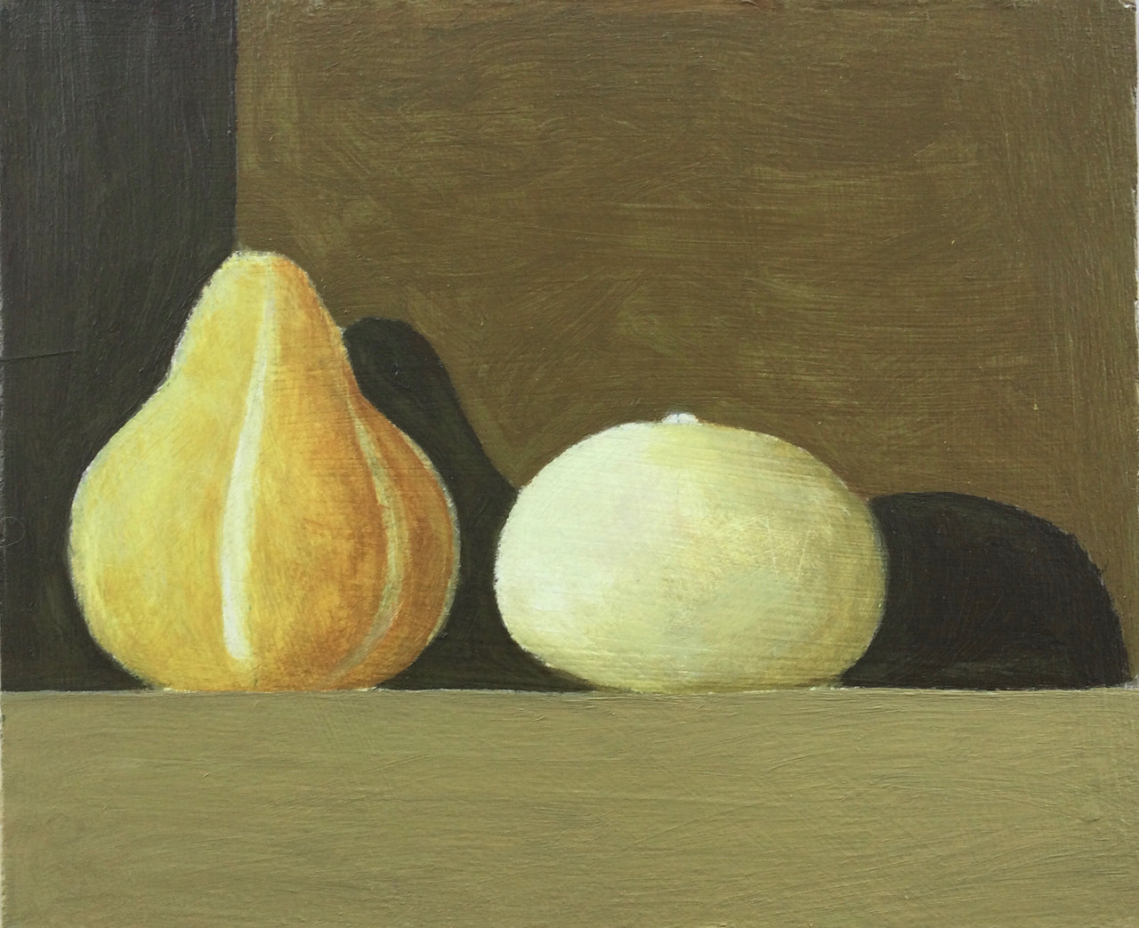 Artist Philip Lyons painting of two gourds with shadow with brown background