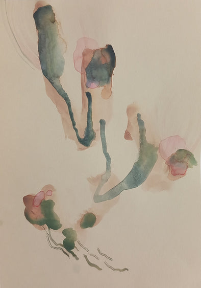 Abstract watercolour by Tara Leaver inspired by underwater plants in shades of blue, pink and green