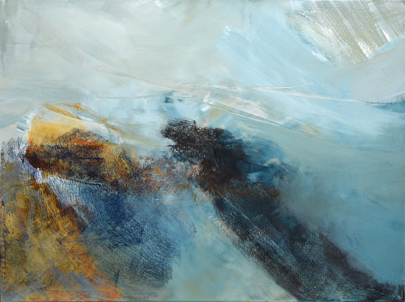 Large abstract painting by Alice Robinson-Carter with blue, white and orange tones.