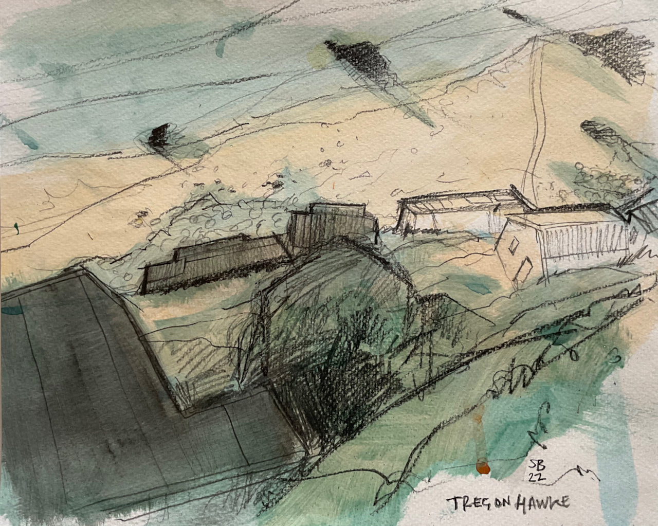 View over Tregonhawke in pencil, and shades of cream, green and grey by artist Steven Buckler