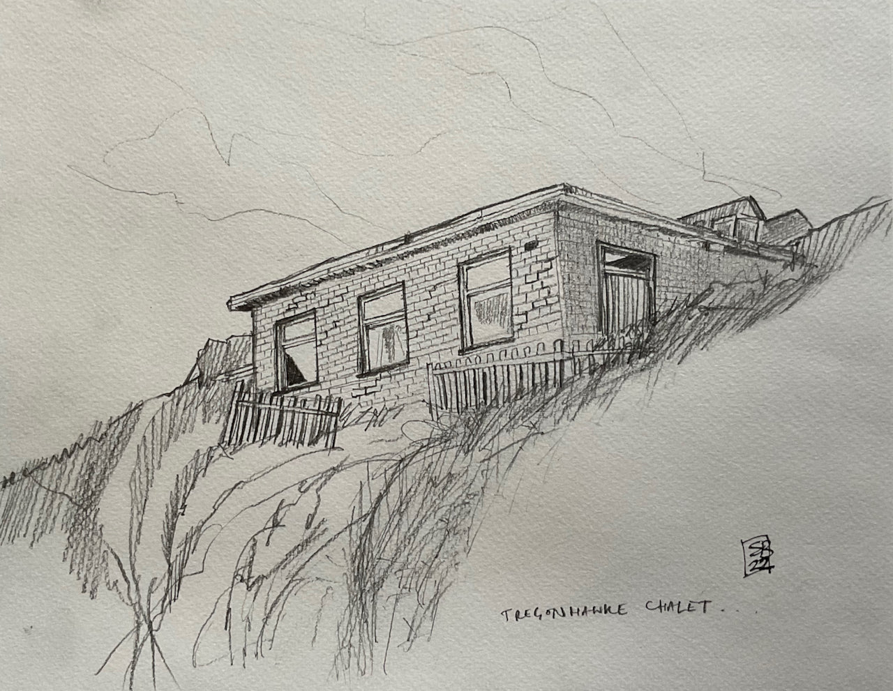 Artist Steven Buckler, chalet nestled into the hillside, pencil drawing 