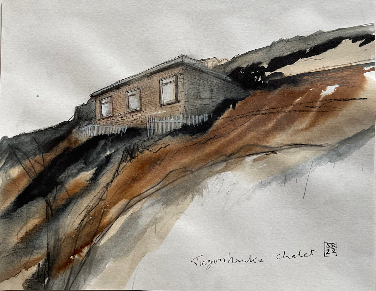 Artist Steven Buckler Tragonhawke Chalet nestled into hillside with brown and black ink