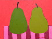 Two green pears with vibrant red background on pink stripped tablecloth by Cornish artist Sophie Harding