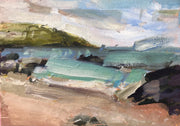 Sandy beach leading into turquoise see with headland in the distance by artist Jill Hudson