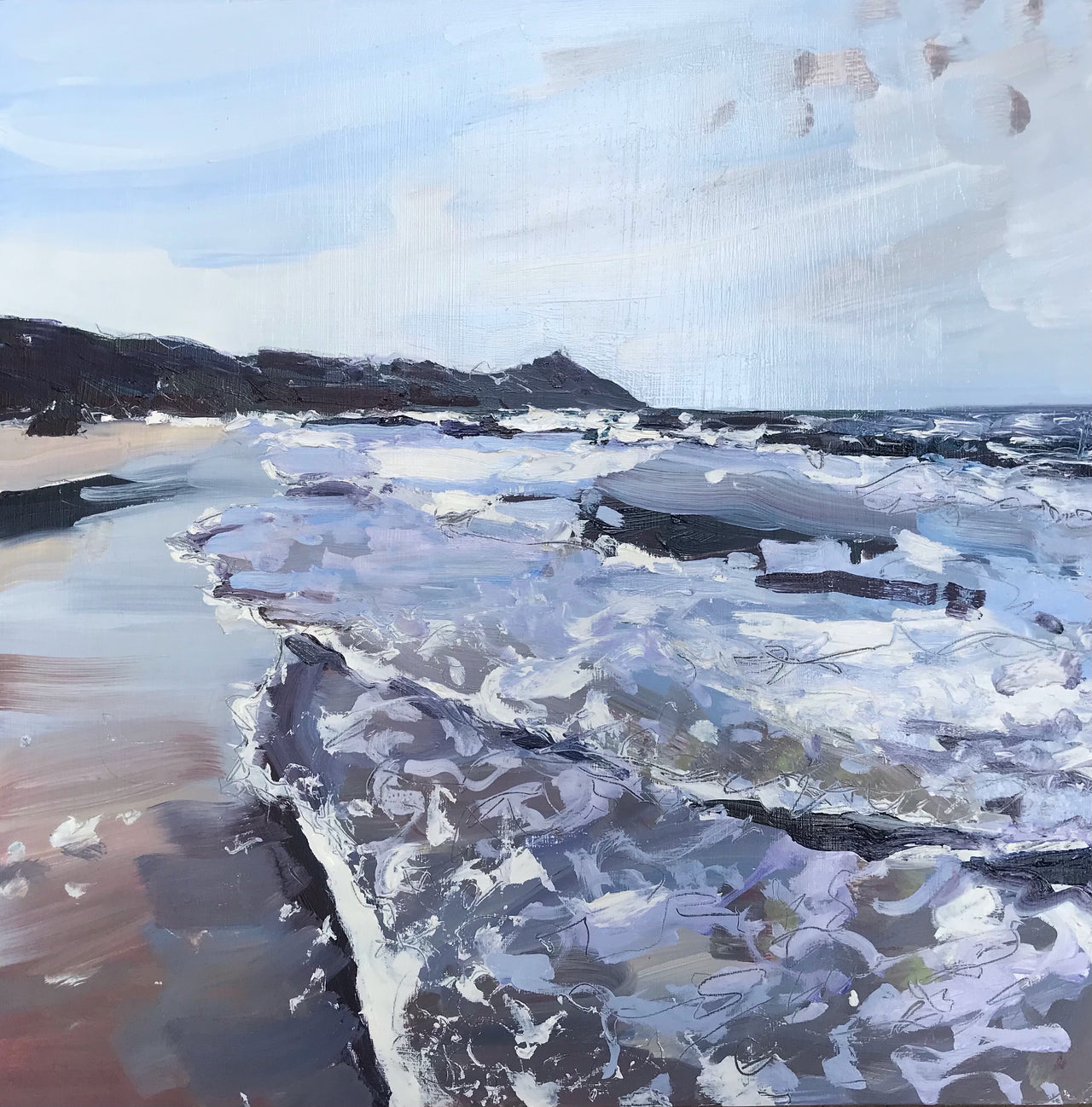 Sea of grey and blue tones lapping onto the sand with peninsula in the background by artist Jill Hudson