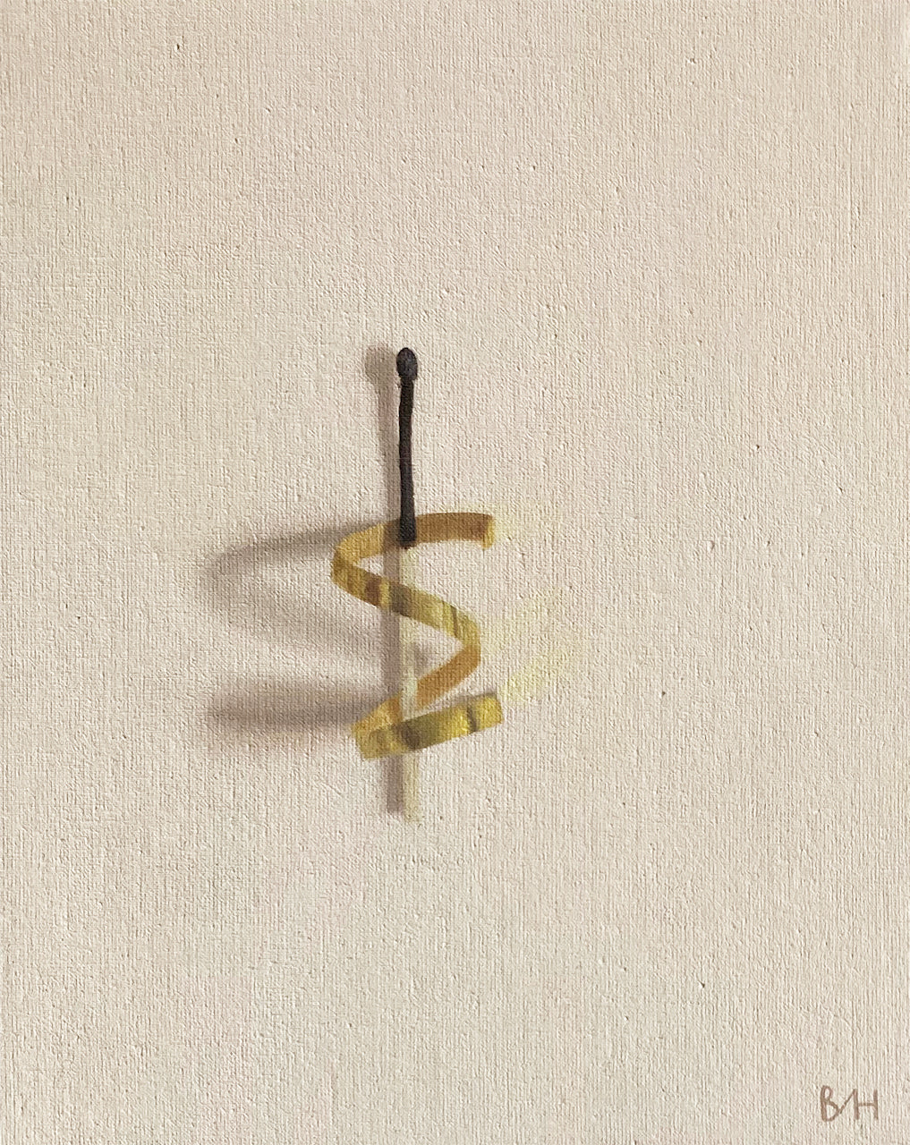 Neutral background with painting of a half used coiled covered match by artist Bess Harding