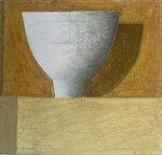 Close up painting of white bowl casting shadow on brown toned background by artist Philip Lyons