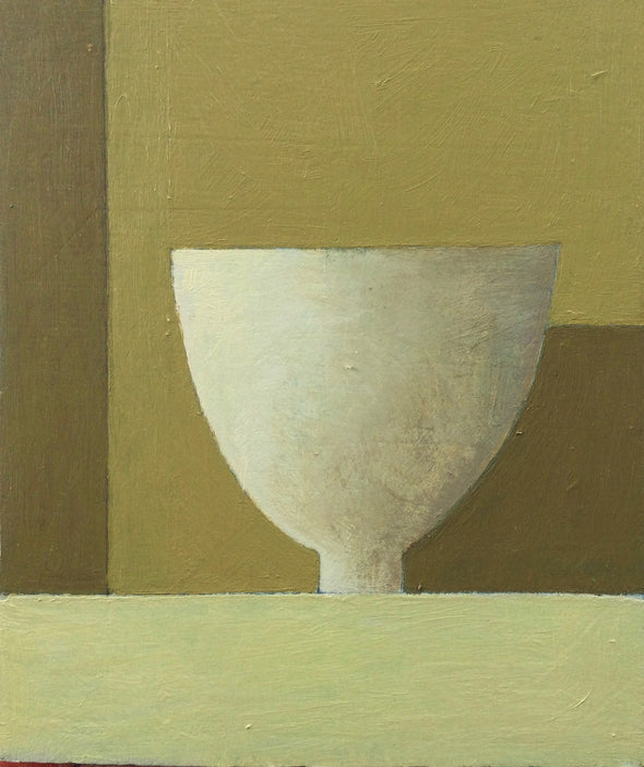 White bowl and shadow on shelf in front of gold wall by UK artist Philip Lyons