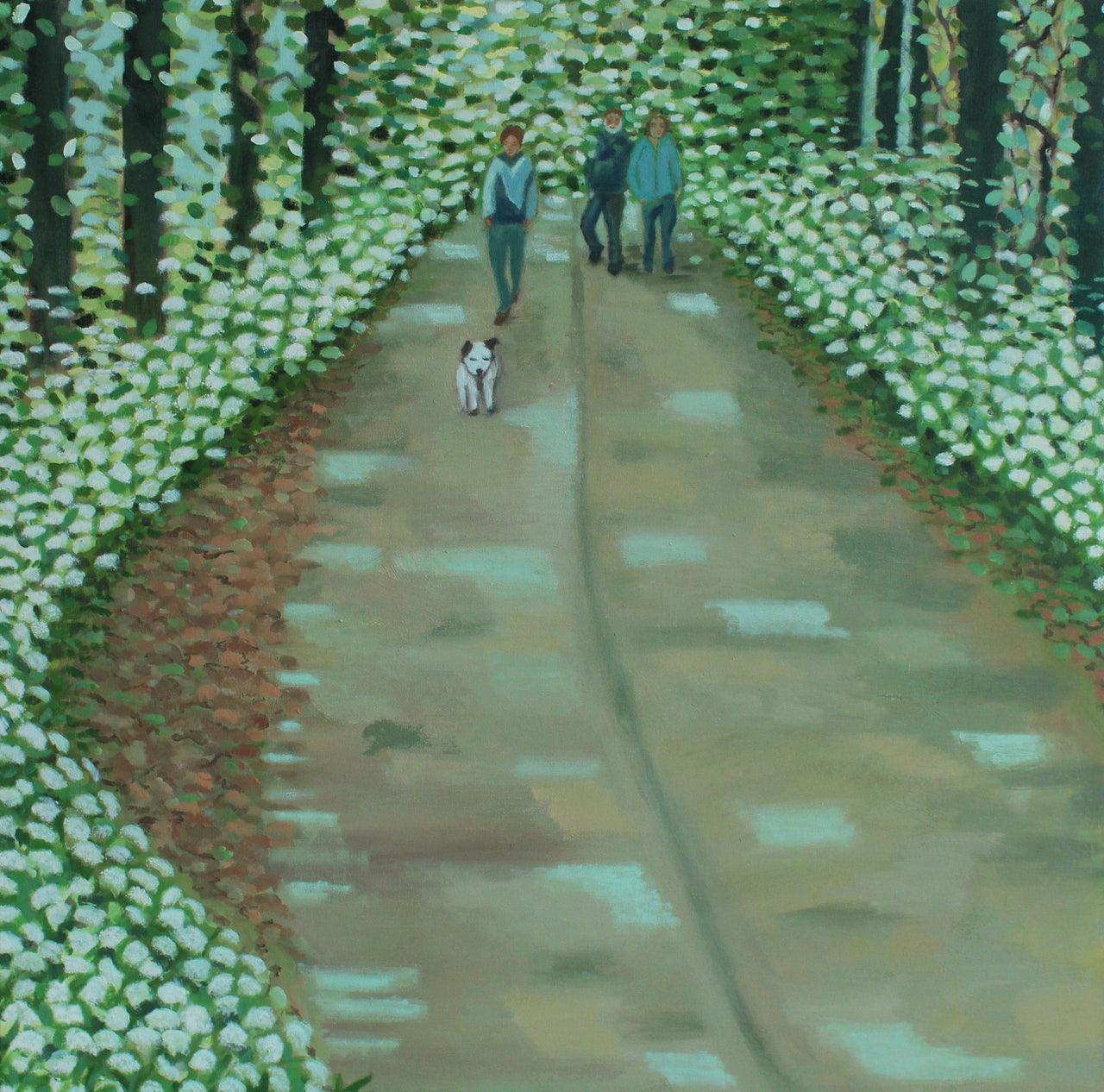 Three figures and a dog walking on a path through a wooded area with lots of white Chervil to the sides by Cornish artist Siobhan Purdy