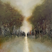 Sunlight in distance with trees to either side of walkway in earthy tones by artist Julie Ellis
