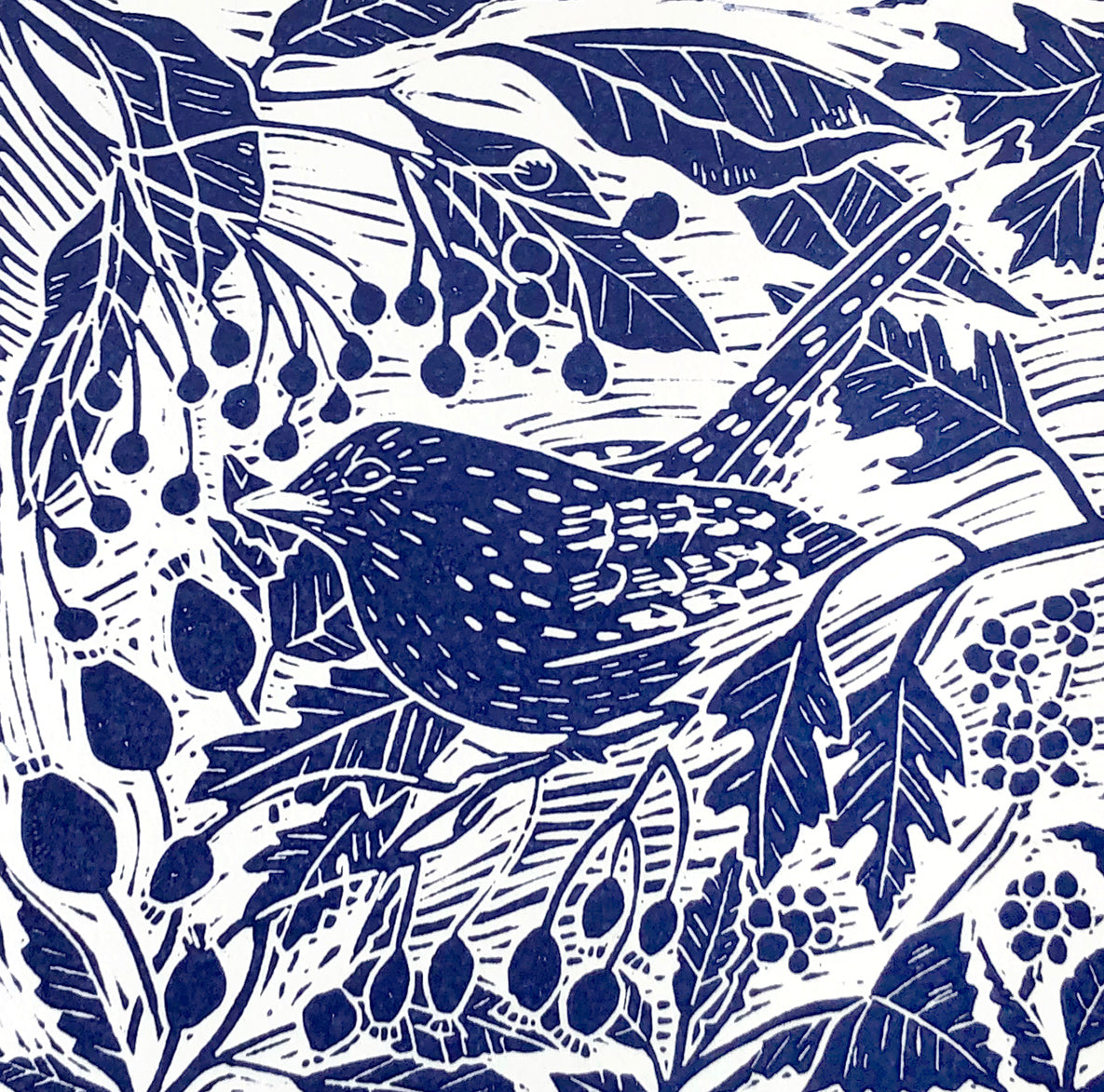 Blue lino print of a Wren and foliage by artist Claire Armitage