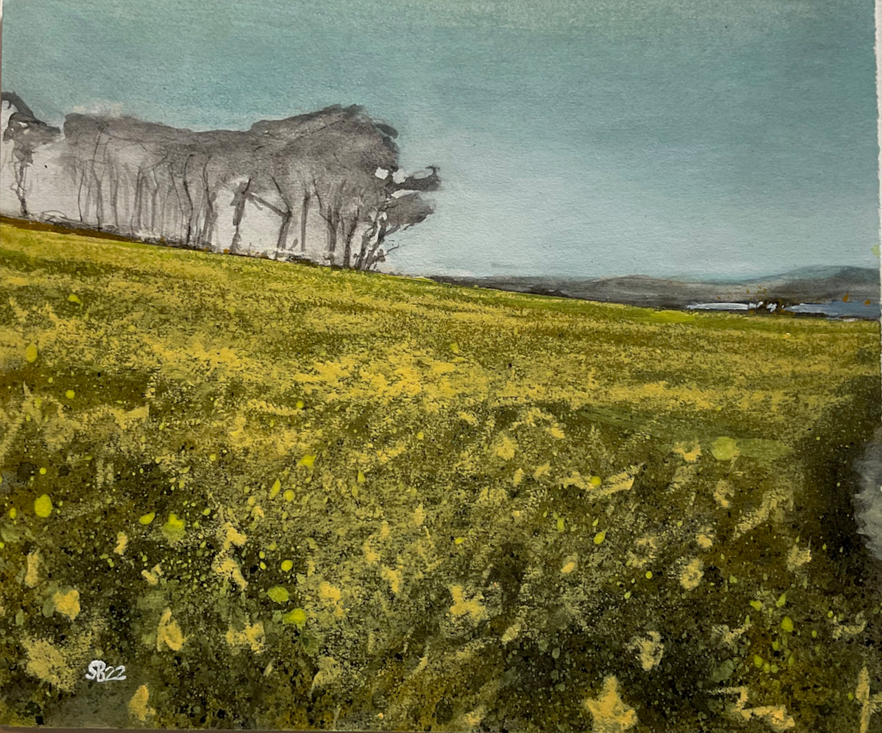 Yellow and green field in foreground with line drawn trees and blue sky in background by artist Steven Buckler