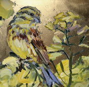 Jill Hudson painting of a yellow and purple bird in a yellow flowering tree  against a gold background